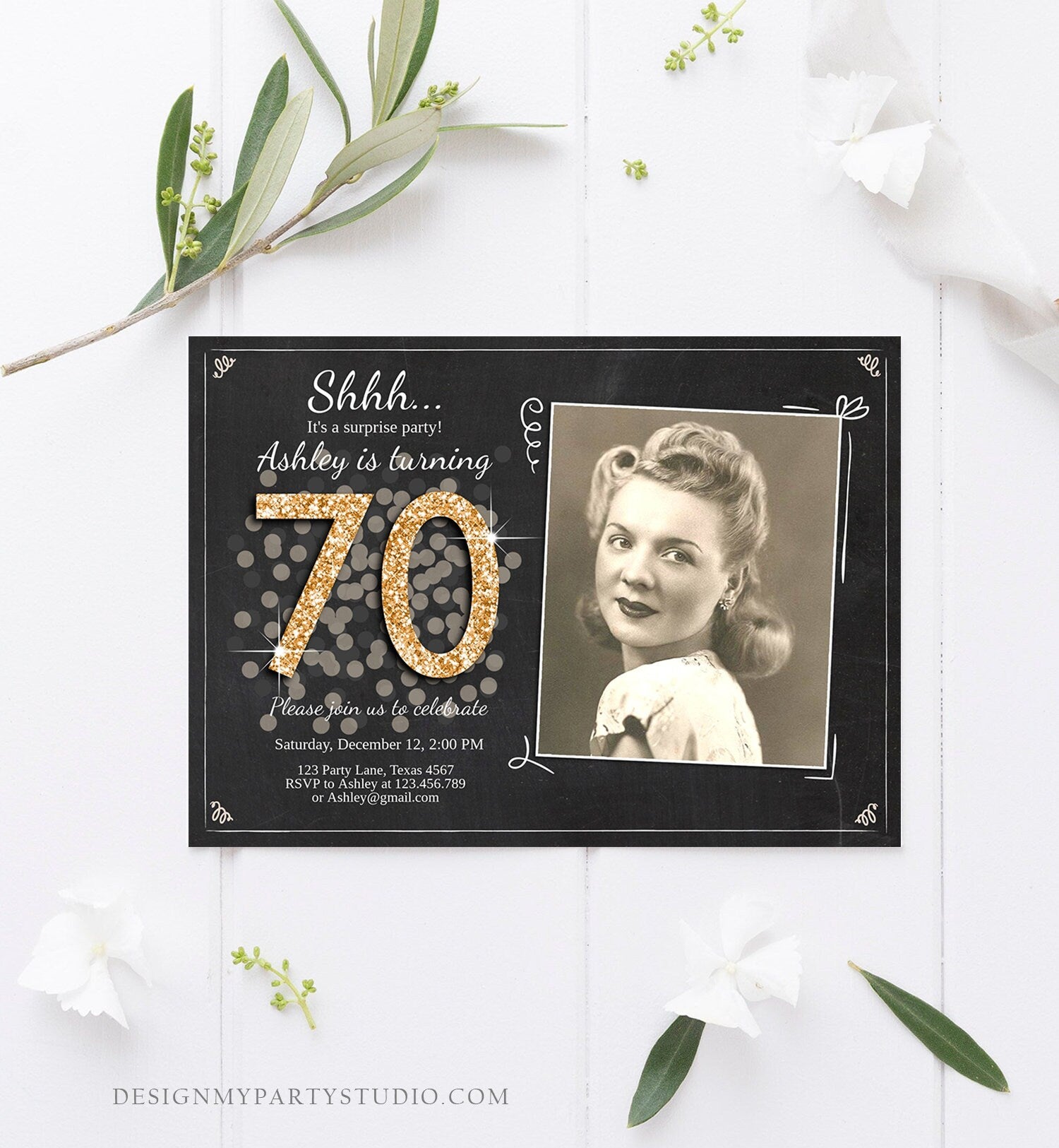 Editable ANY AGE Surprise Birthday Invitation Adult 70th Party Rustic Chalk Black Gold Glitter Photo Download Corjl Template Printable 0103