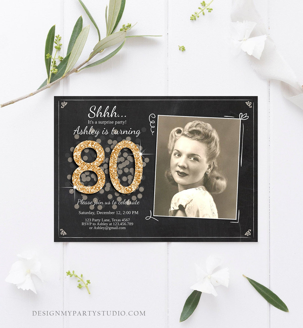 Editable ANY AGE Surprise Birthday Invitation Adult 80th Party Rustic Chalk Black Gold Glitter Photo Download Printable Corjl Template 0103