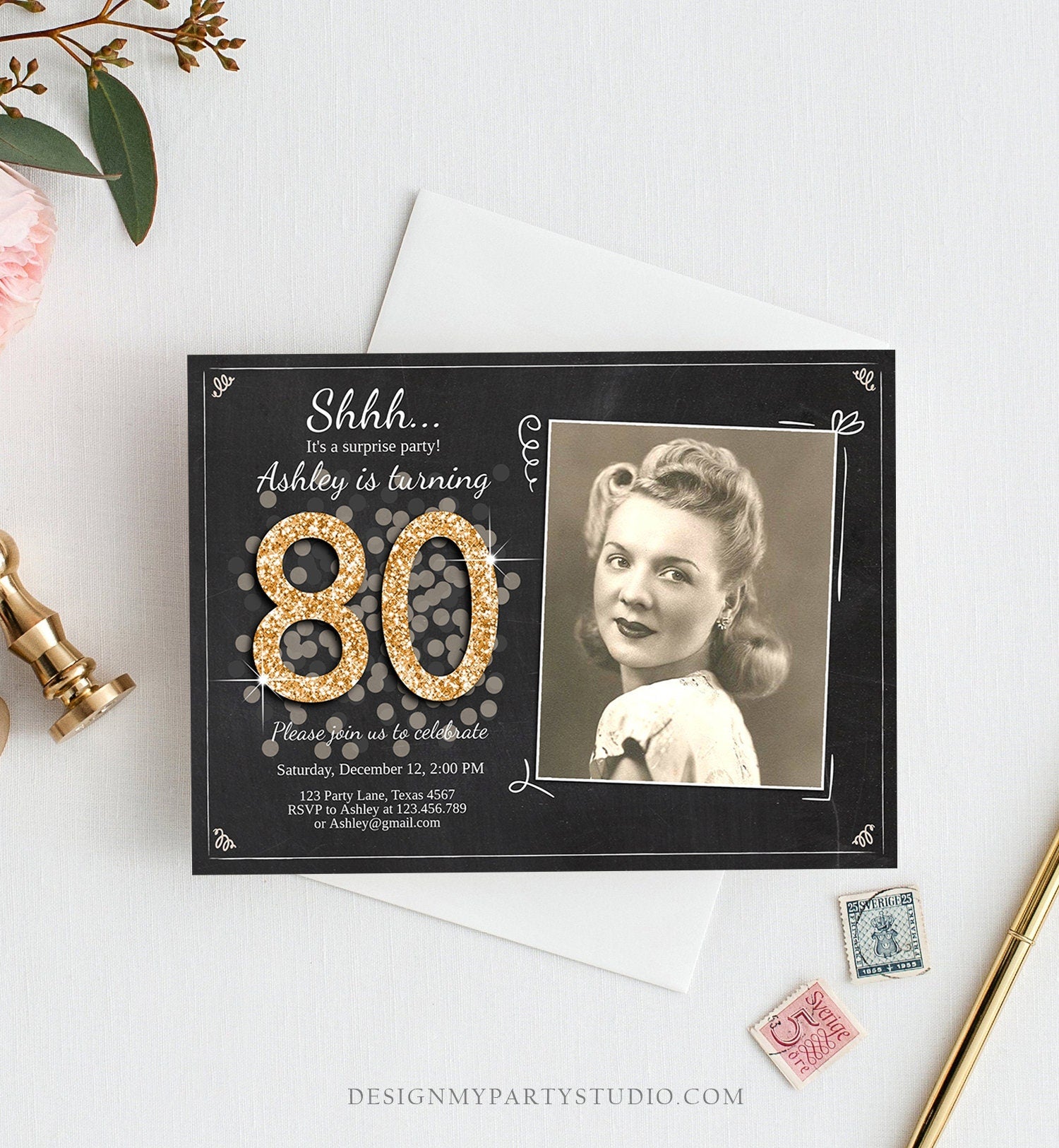 Editable ANY AGE Surprise Birthday Invitation Adult 80th Party Rustic Chalk Black Gold Glitter Photo Download Printable Corjl Template 0103
