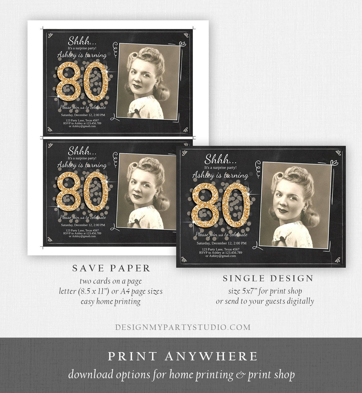 Editable ANY AGE Surprise Birthday Invitation Adult 80th Party Rustic Chalk Black Gold Glitter Photo Download Printable Corjl Template 0103
