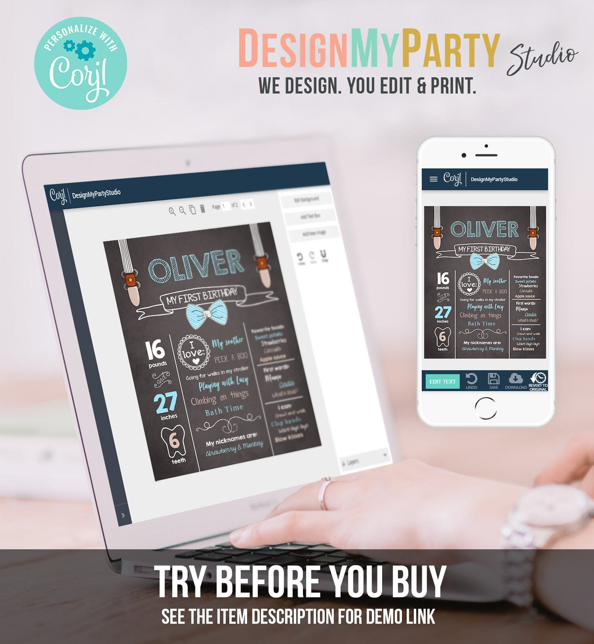 Editable Little Man Birthday Milestone Sign Boy First Birthday Poster 1st Boy Blue Bow Tie Digital Download Template Printable 0063