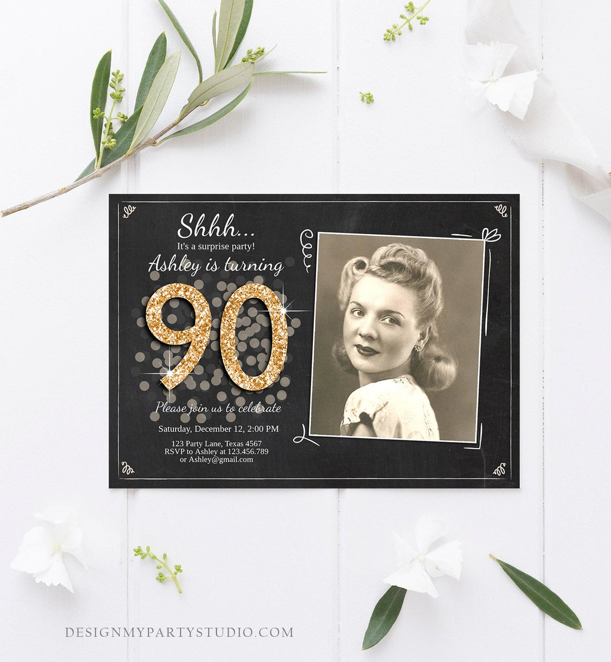 Editable ANY AGE Surprise Birthday Invitation Adult 90th Party Rustic Chalk Black Gold Glitter Photo Download Corjl Template Printable 0103