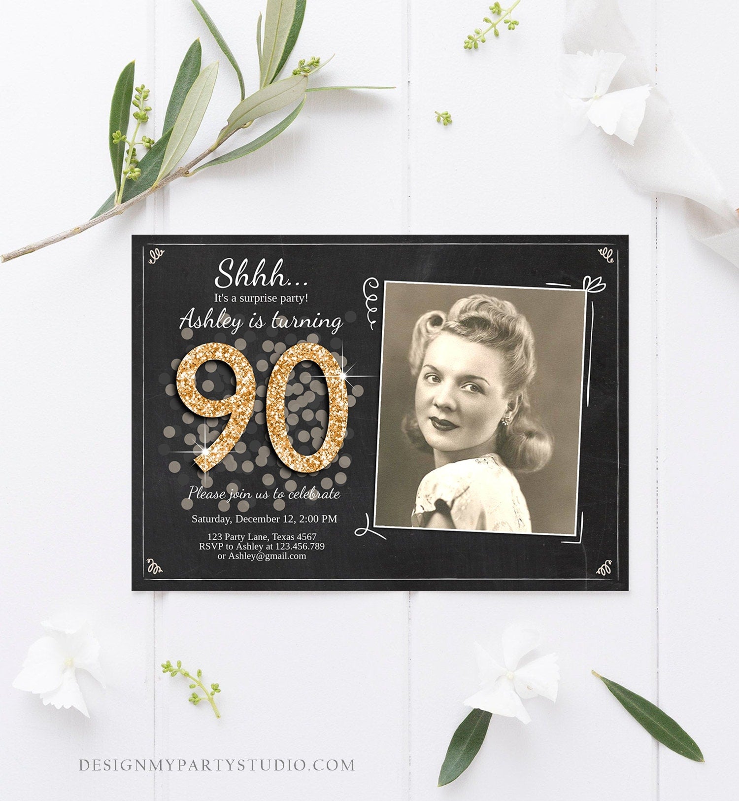 Editable ANY AGE Surprise Birthday Invitation Adult 90th Party Rustic Chalk Black Gold Glitter Photo Download Printable Corjl Template 0103