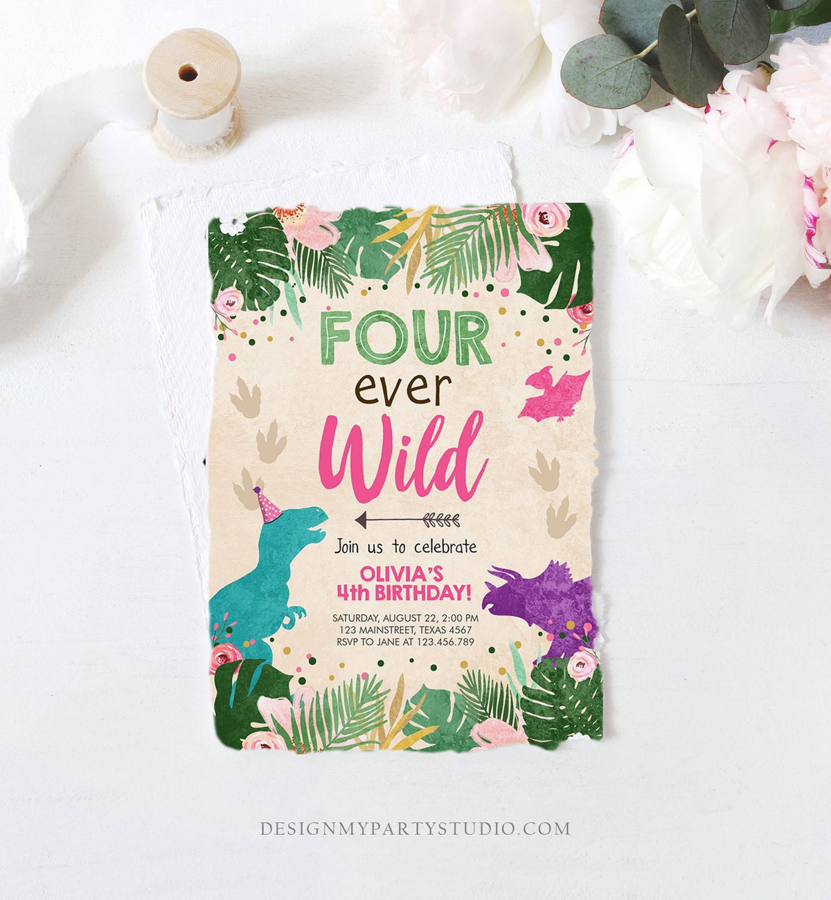 Editable Four Ever Wild Birthday Invitation Dinosaur Dino Party Girl 4th Fourth Birthday Pink Fourever Digital Template Printable 0388