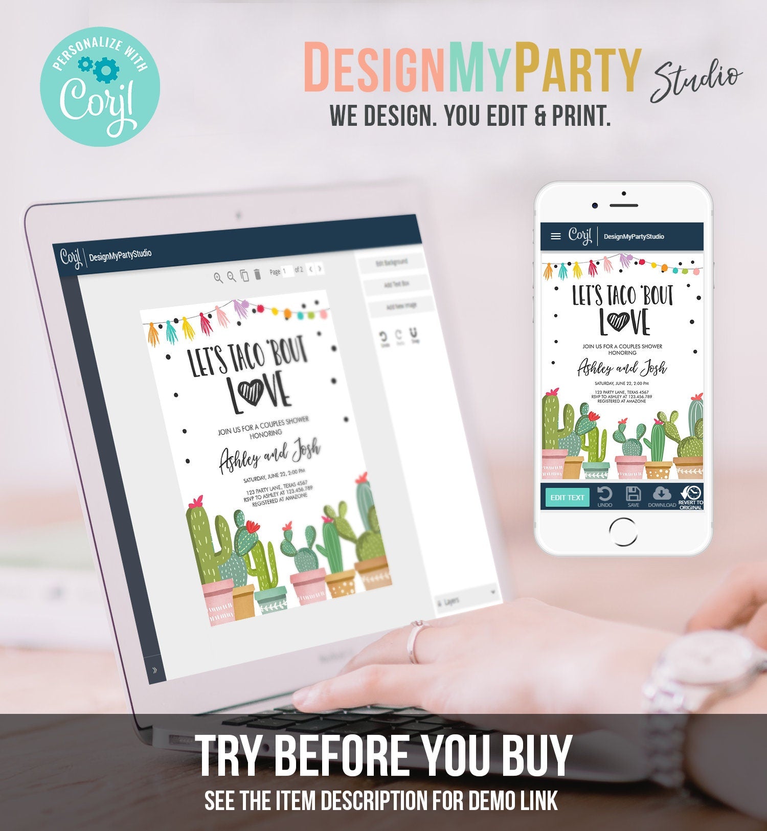 Editable Taco Bout Love Couples Shower Invitation Fiesta Cactus Succulent Mexican Green Pink Digital Download Corjl Template Printable 0254