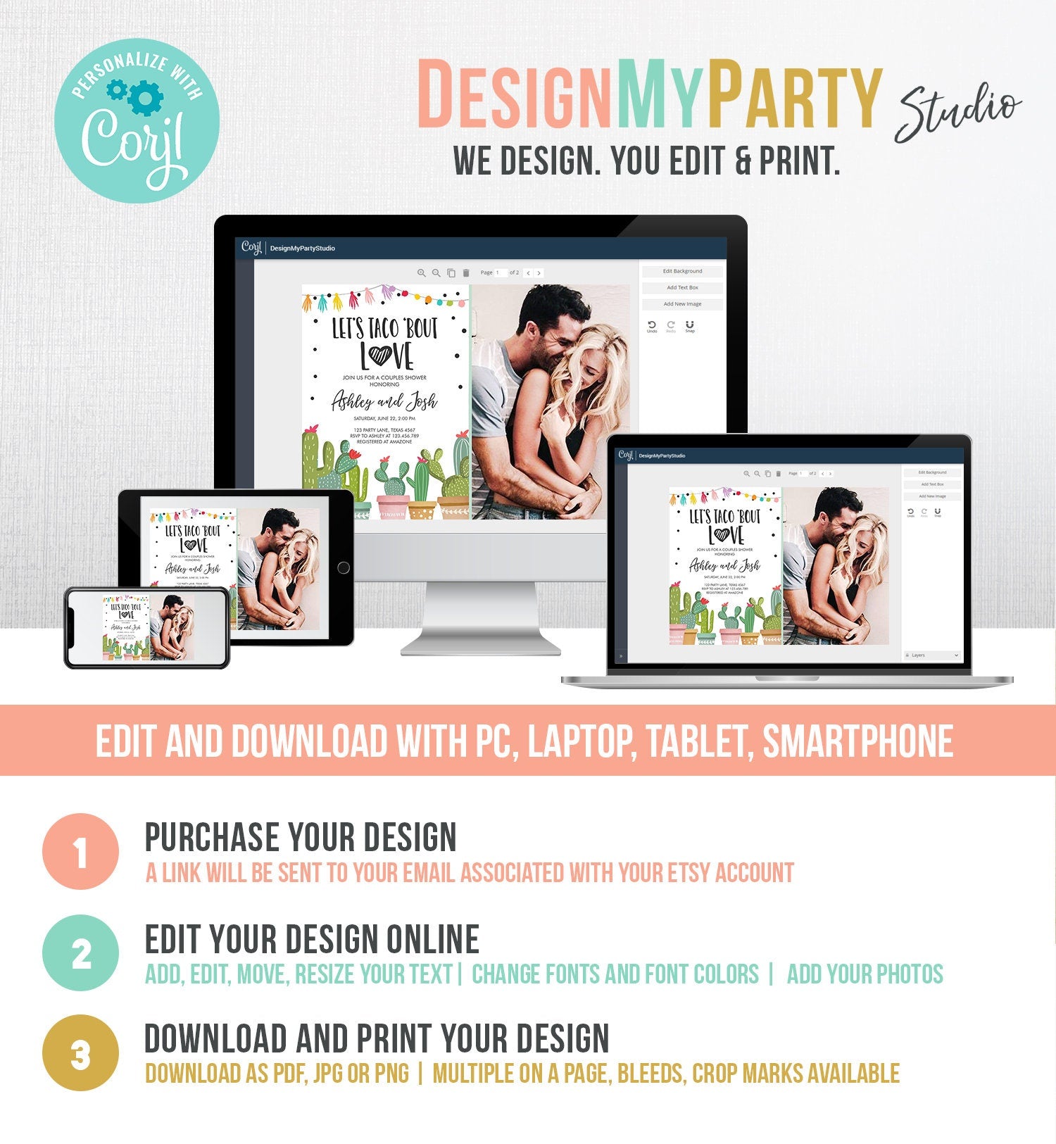 Editable Taco Bout Love Couples Shower Invitation Fiesta Cactus Succulent Mexican Green Pink Digital Download Corjl Template Printable 0254