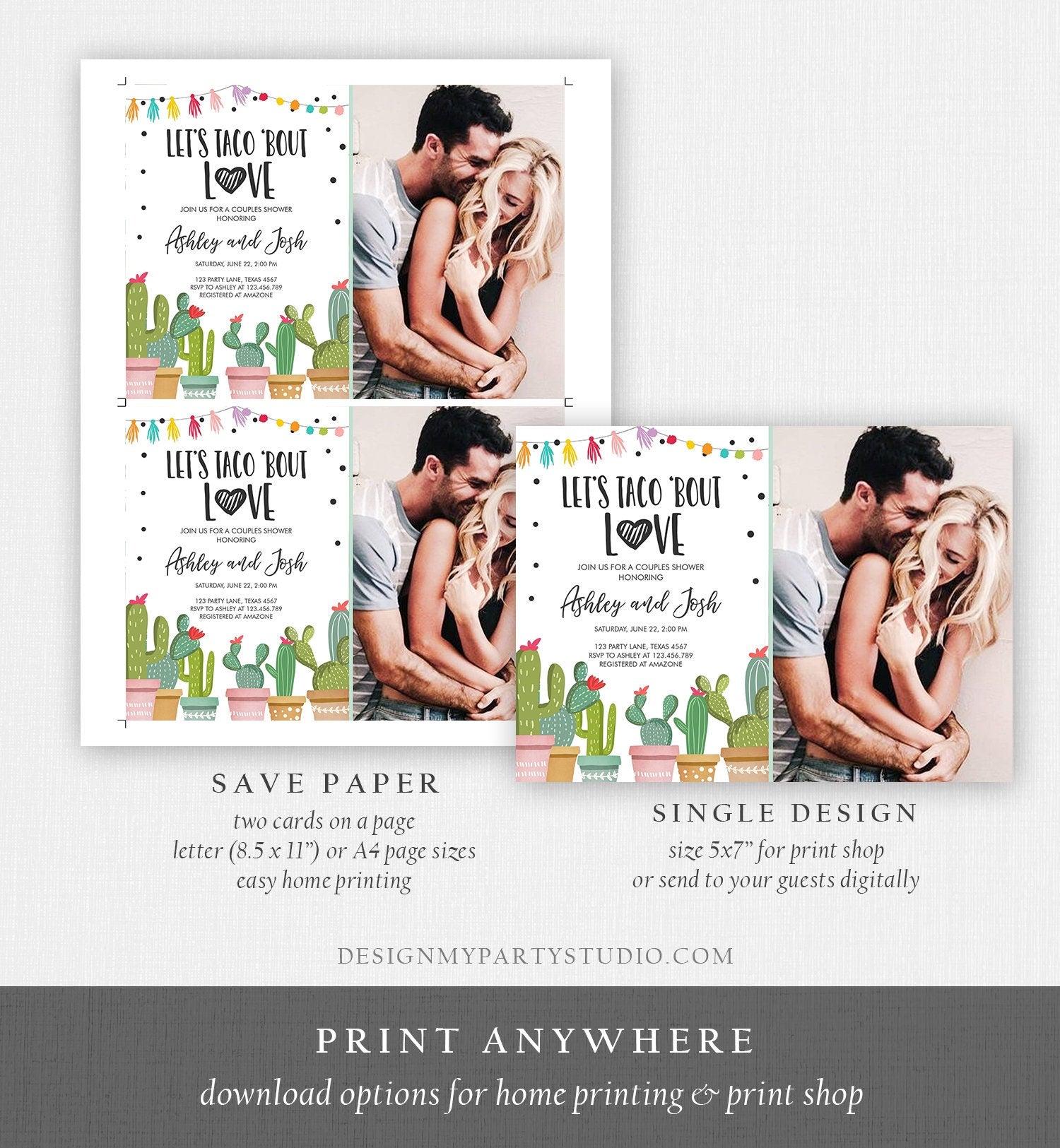 Editable Taco Bout Love Couples Shower Invitation Fiesta Cactus Succulent Mexican Green Pink Digital Download Corjl Template Printable 0254