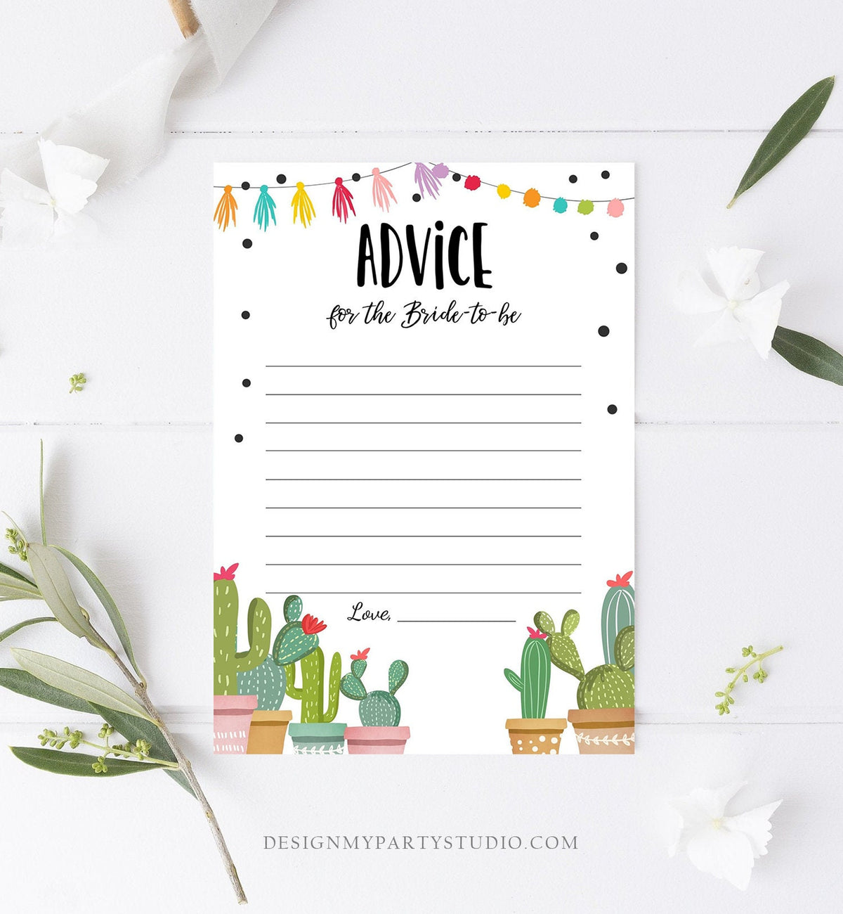 Editable Advice for the Bride Game Card Words of Wisdom Cactus Succulent Fiesta Bridal Shower Game Mexican Digital Template Printable 0254