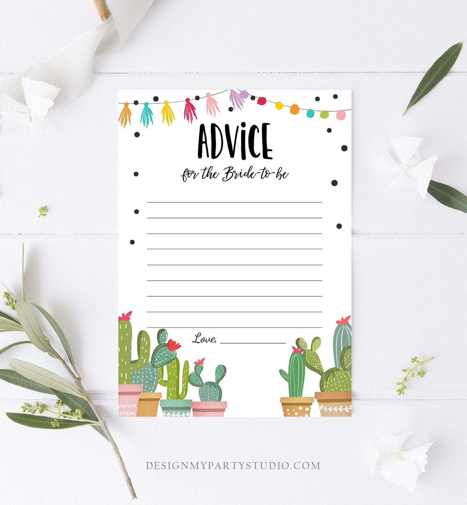 Editable Advice for the Bride Game Card Words of Wisdom Cactus Succulent Fiesta Bridal Shower Game Mexican Digital Template Printable 0254