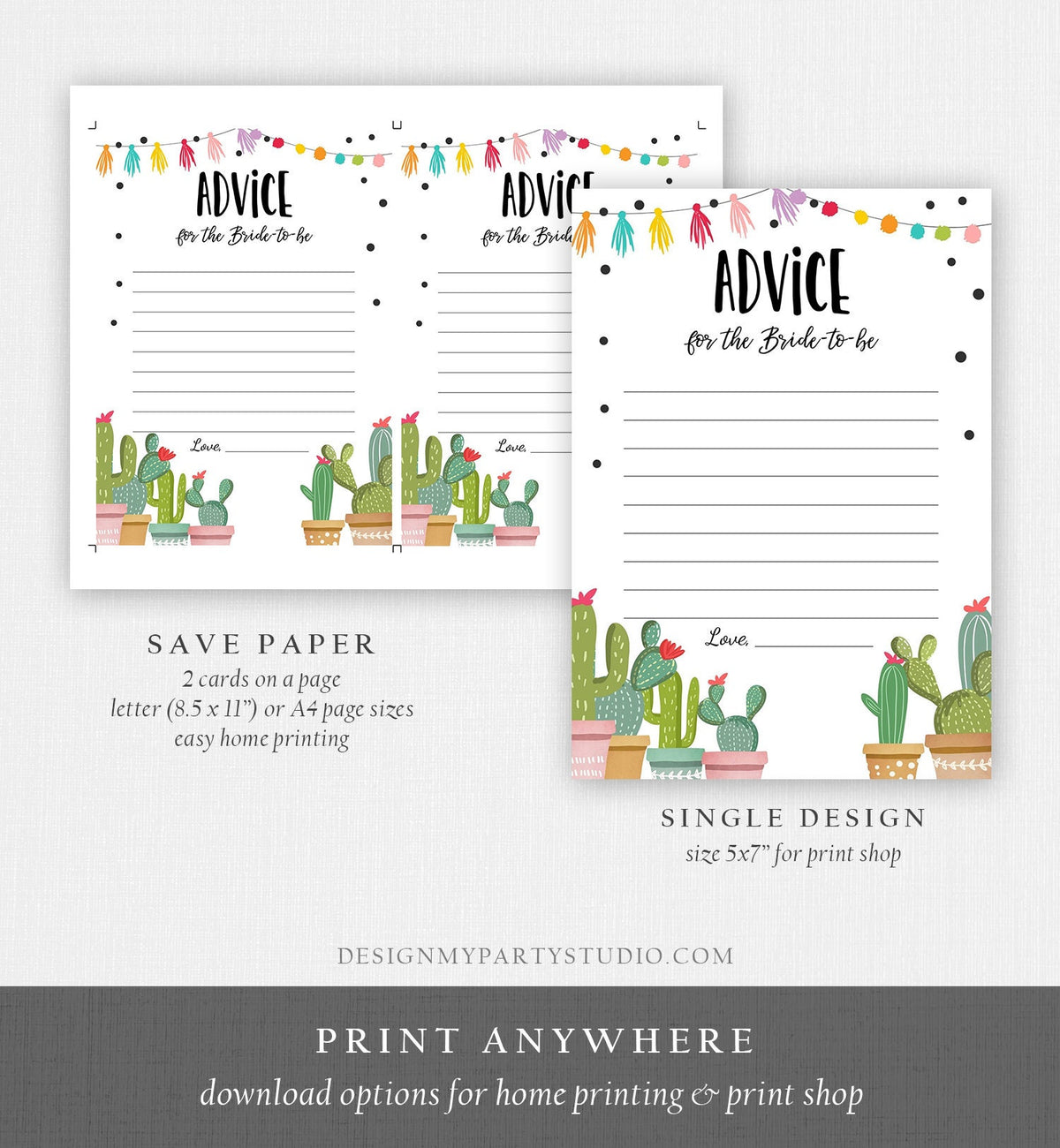 Editable Advice for the Bride Game Card Words of Wisdom Cactus Succulent Fiesta Bridal Shower Game Mexican Digital Template Printable 0254