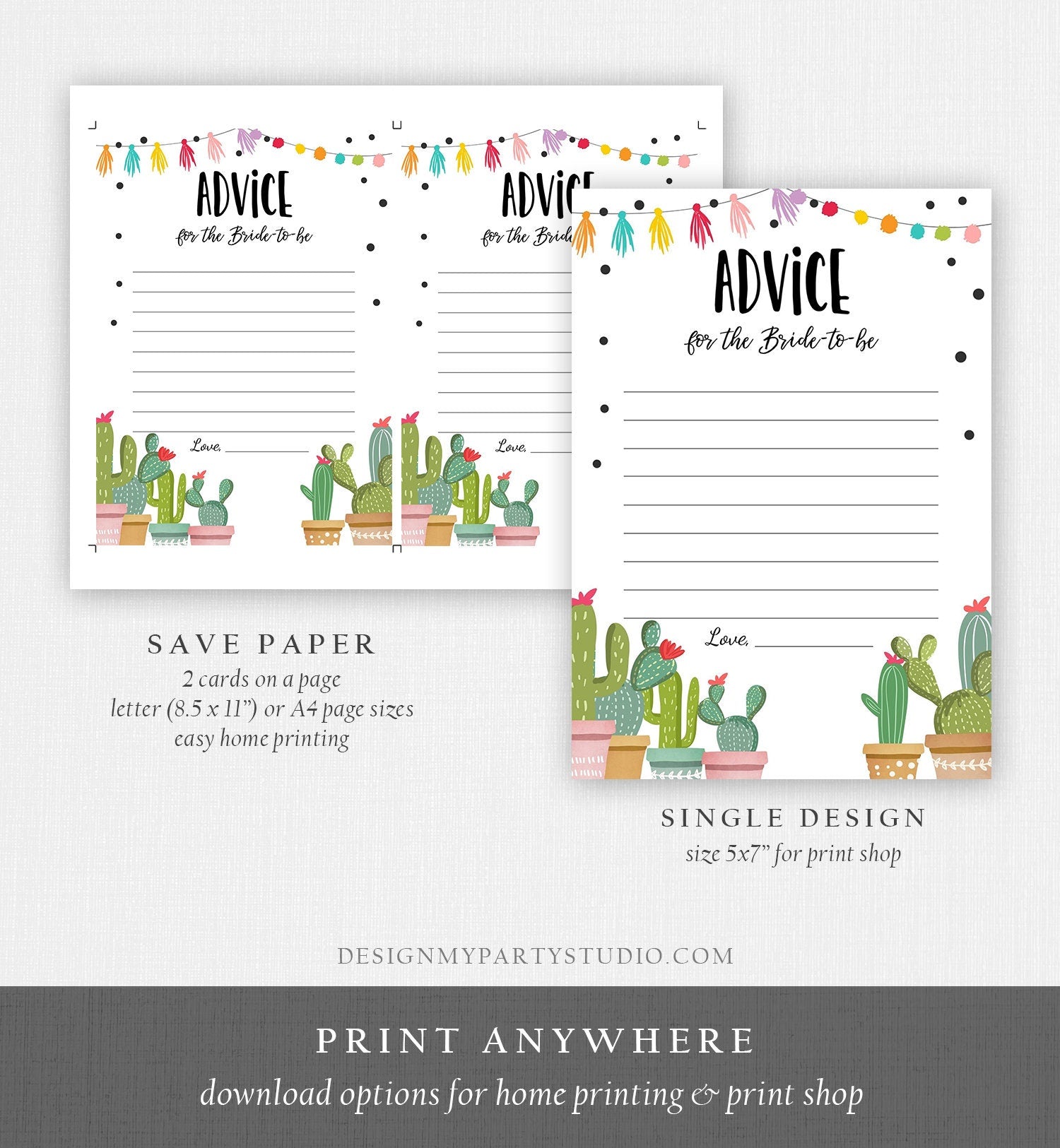 Editable Advice for the Bride Game Card Words of Wisdom Cactus Succulent Fiesta Bridal Shower Game Mexican Digital Template Printable 0254