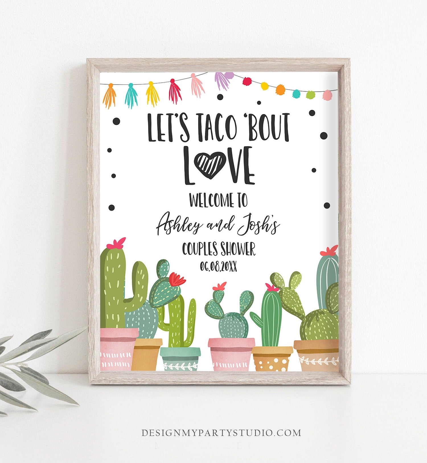 Editable Taco Bout Love Welcome Sign Couples Shower Cactus Mexican Succulent Bridal Shower Wedding Table Sign Corjl Template Printable 0254