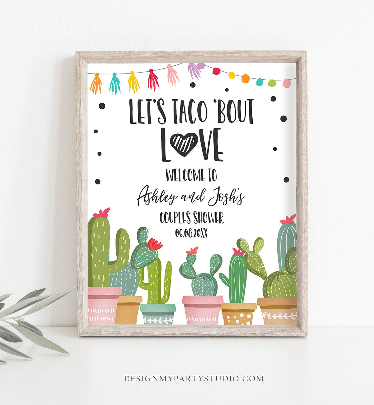 Editable Taco Bout Love Welcome Sign Couples Shower Cactus Mexican Succulent Bridal Shower Wedding Table Sign Corjl Template Printable 0254