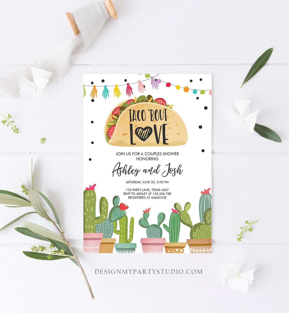 Editable Taco Bout Love Fiesta Couples Shower Invitation Cactus Succulent Green Pink Bridal Shower Download Evite Template Printable 0254