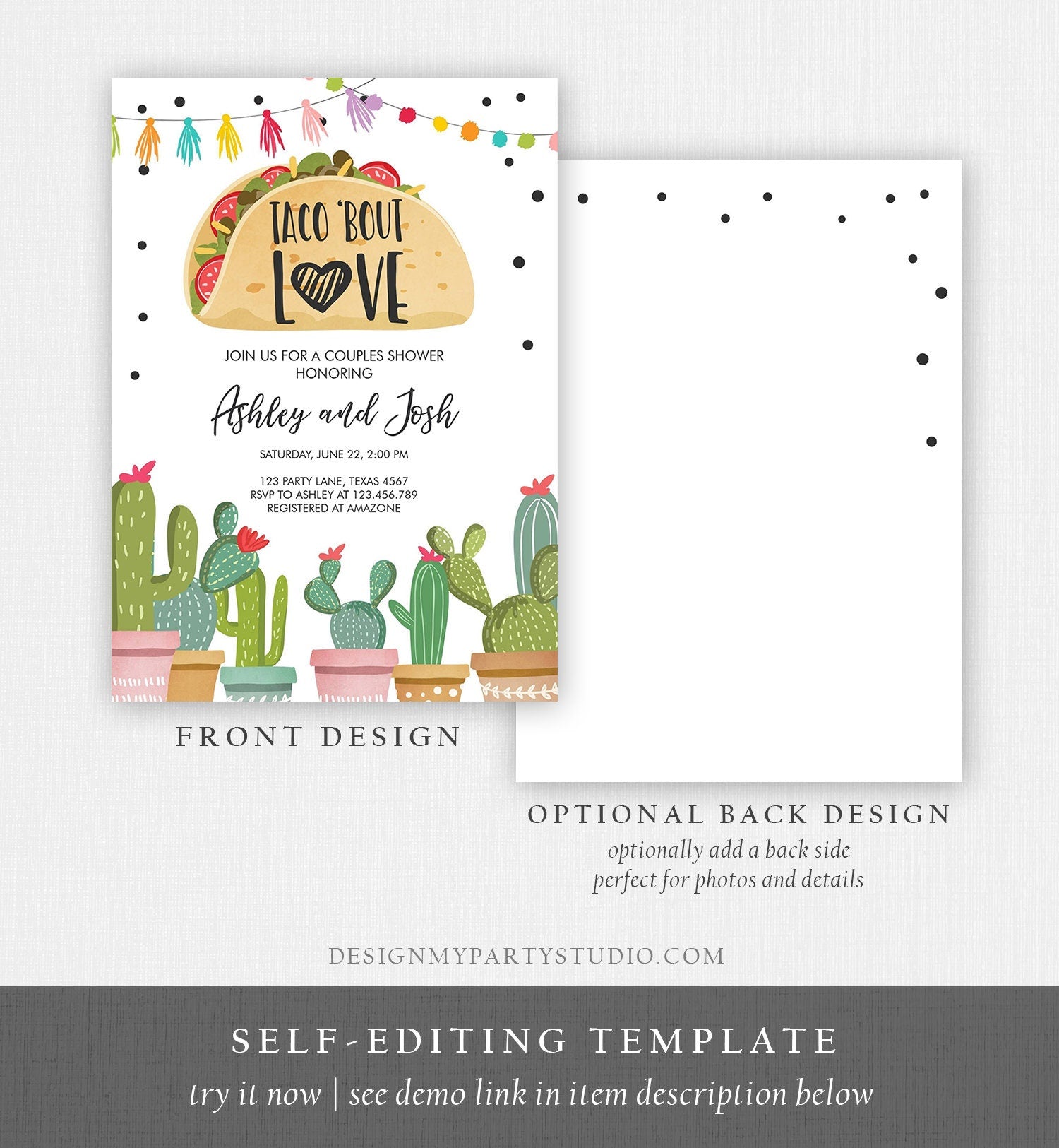 Editable Taco Bout Love Fiesta Couples Shower Invitation Cactus Succulent Green Pink Bridal Shower Download Evite Template Printable 0254