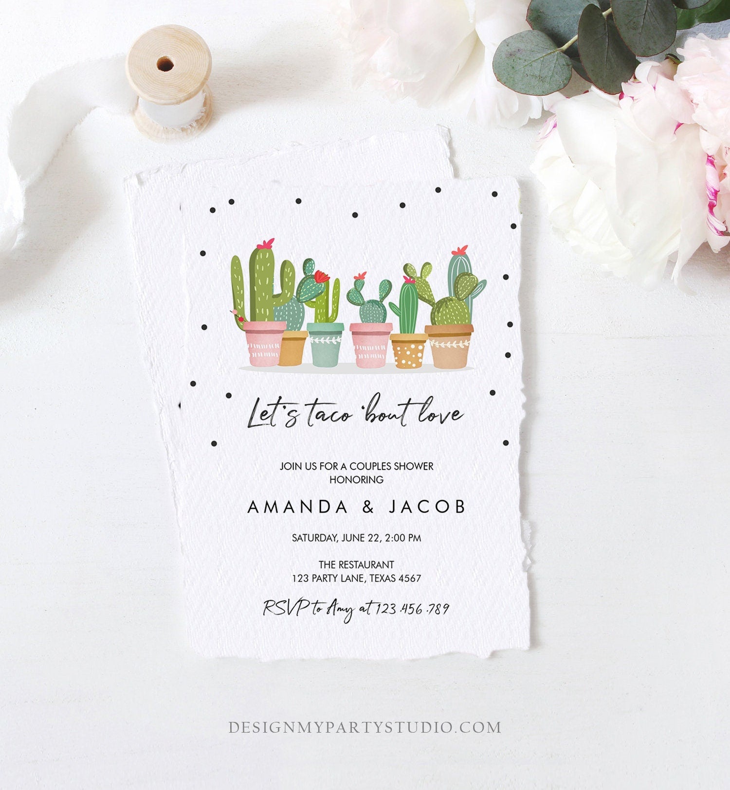 Editable Taco Bout Love Fiesta Couples Shower Invitation Cactus Succulent Green Pink Confetti Digital Download Template Printable 0254