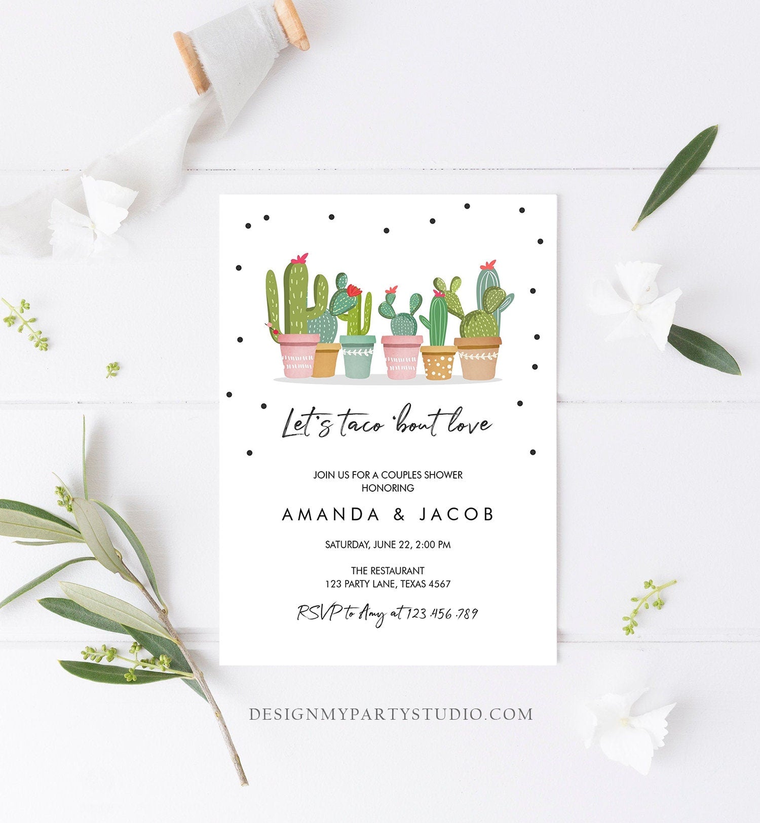 Editable Taco Bout Love Fiesta Couples Shower Invitation Cactus Succulent Green Pink Confetti Digital Download Template Printable 0254