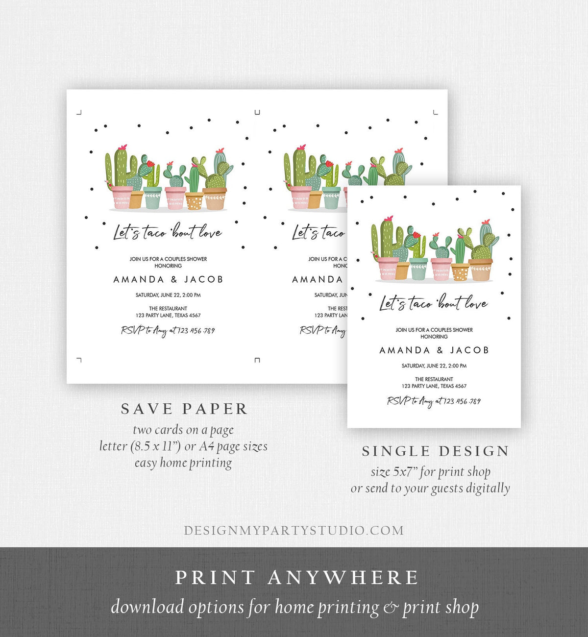Editable Taco Bout Love Fiesta Couples Shower Invitation Cactus Succulent Green Pink Confetti Digital Download Template Printable 0254