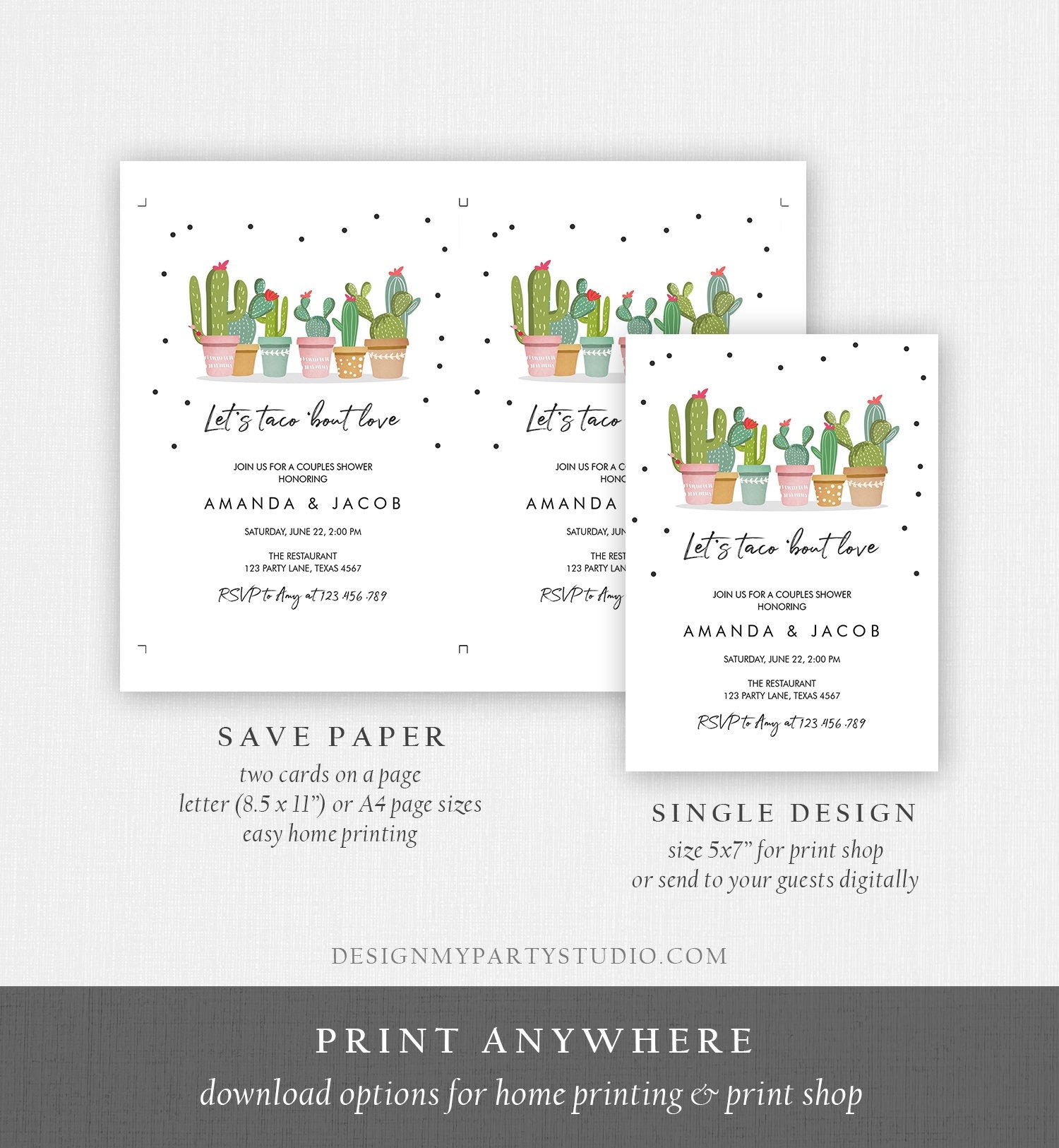 Editable Taco Bout Love Fiesta Couples Shower Invitation Cactus Succulent Green Pink Confetti Digital Download Template Printable 0254
