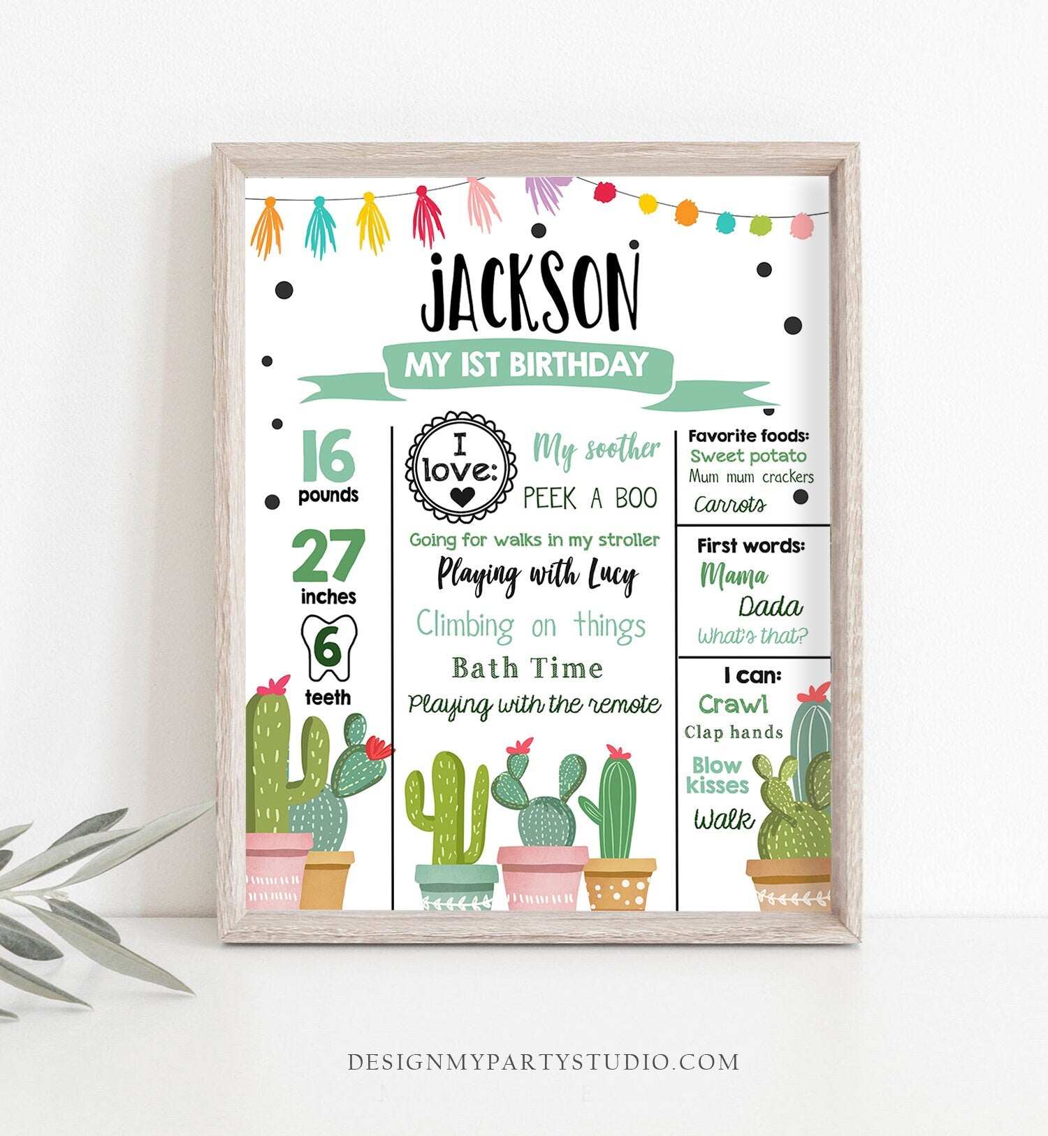 Editable Cactus Fiesta Birthday Milestones Sign First Birthday Poster 1st Birthday Mexican Party Download Corjl Template Printable 0254