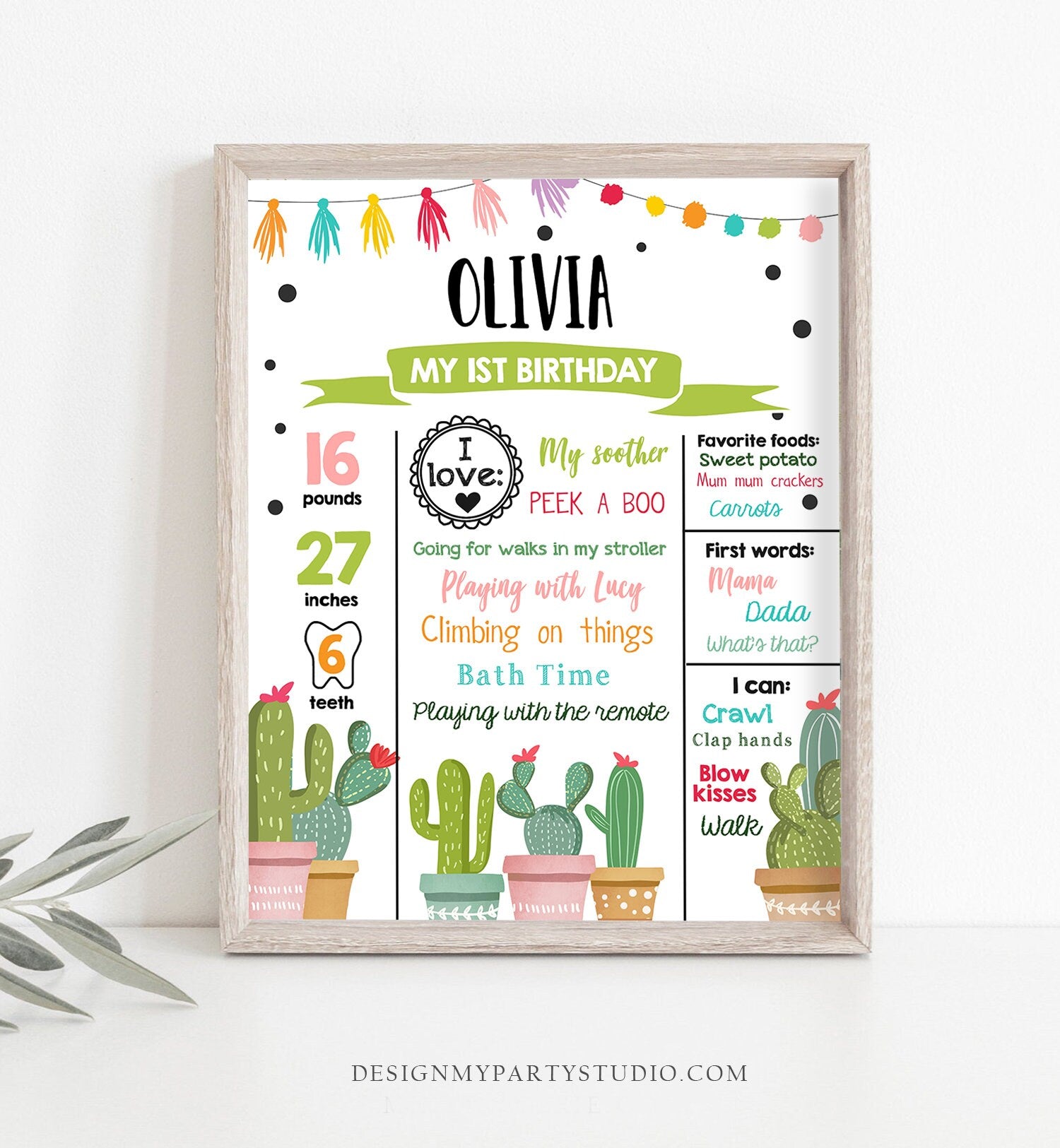 Editable Cactus Fiesta Birthday Milestones Sign First Birthday Poster Girl Pink 1st Birthday Mexican Download Corjl Template Printable 0254