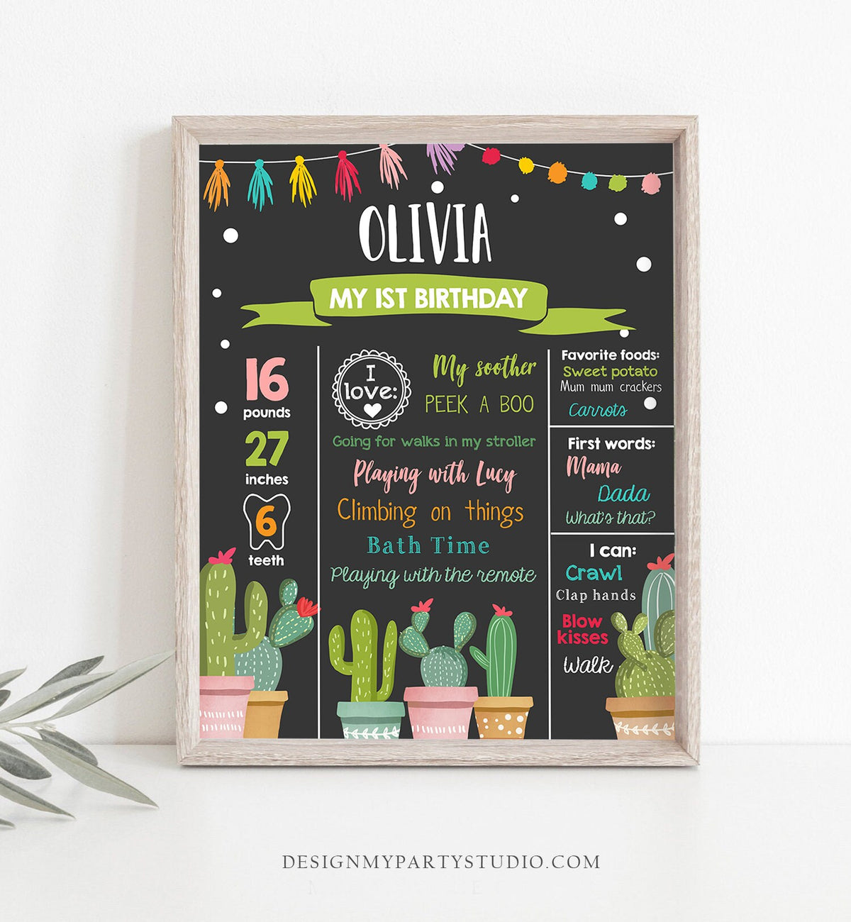 Editable Cactus Fiesta Birthday Milestones Sign First Birthday Poster 1st Birthday Mexican Pink Girl Chalk Corjl Template Printable 0254