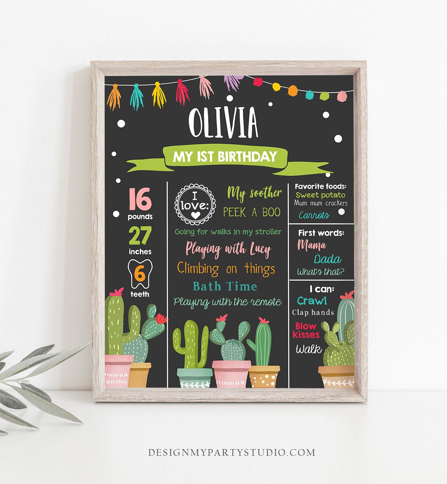 Editable Cactus Fiesta Birthday Milestones Sign First Birthday Poster 1st Birthday Mexican Pink Girl Chalk Corjl Template Printable 0254