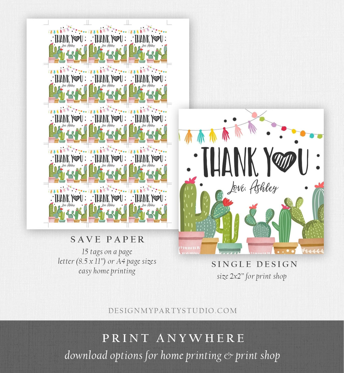 Editable Cactus Thank You Favor Tags Round Squared Fiesta Baby Shower Birthday Bridal Shower Stickers Digital Template Printable 0254
