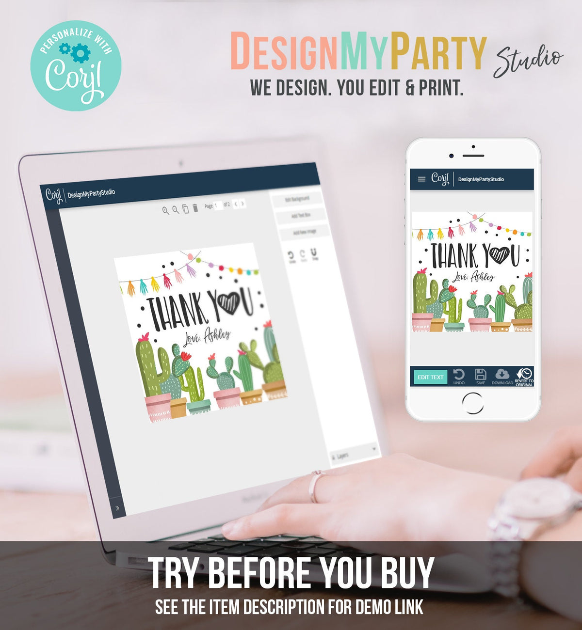 Editable Cactus Thank You Favor Tags Round Squared Fiesta Baby Shower Birthday Bridal Shower Stickers Digital Template Printable 0254