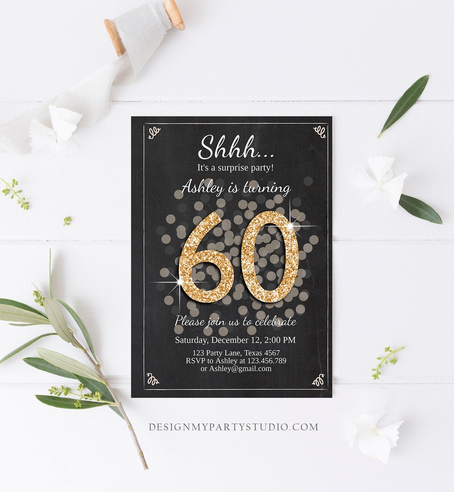 Editable Surprise Birthday Invitation Adult 60th Party Rustic Boho ANY AGE Black Gold Glitter Photo Digital Download Template Printable 0103