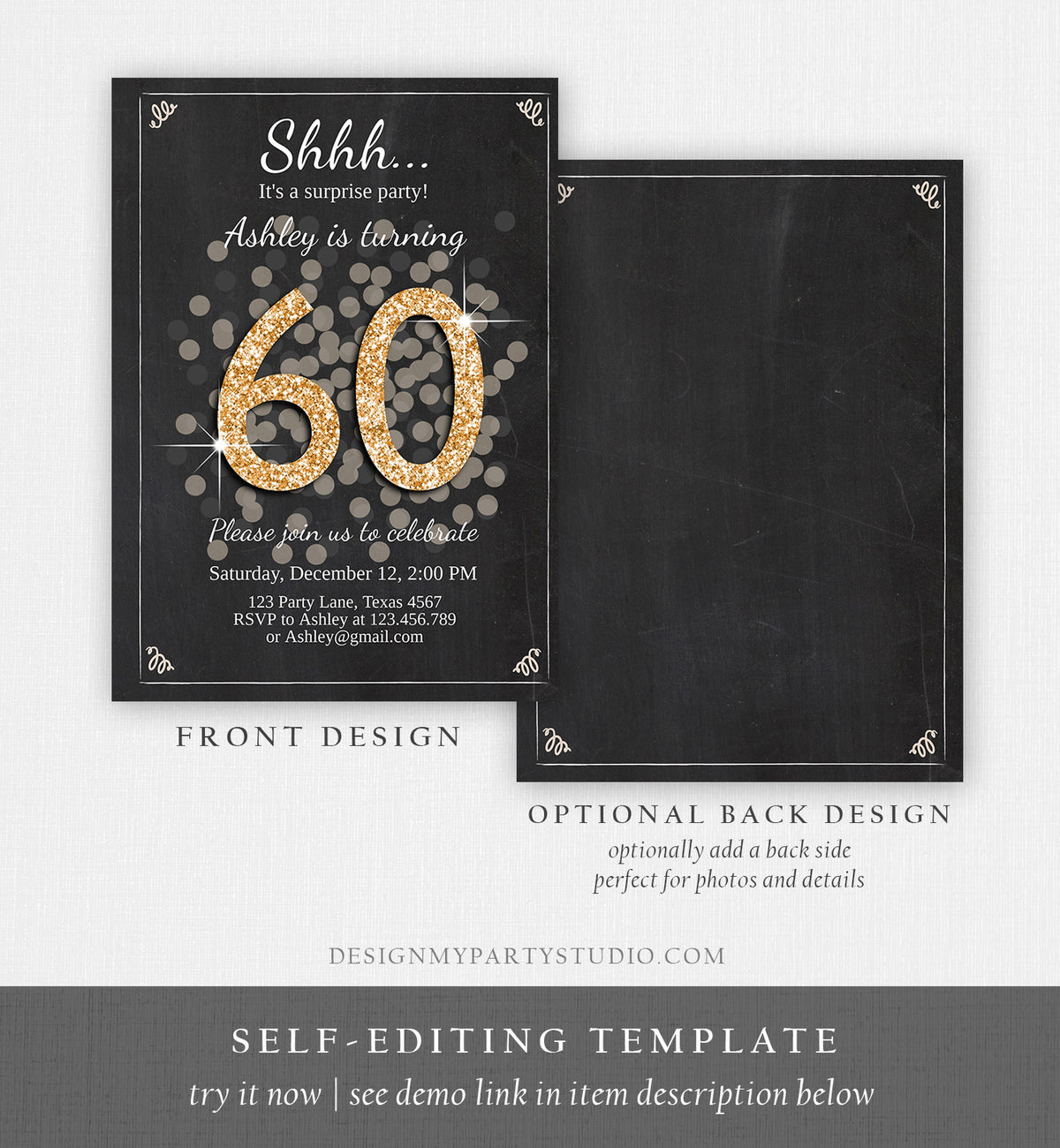 Editable Surprise Birthday Invitation Adult 60th Party Rustic Boho ANY AGE Black Gold Glitter Photo Digital Download Template Printable 0103