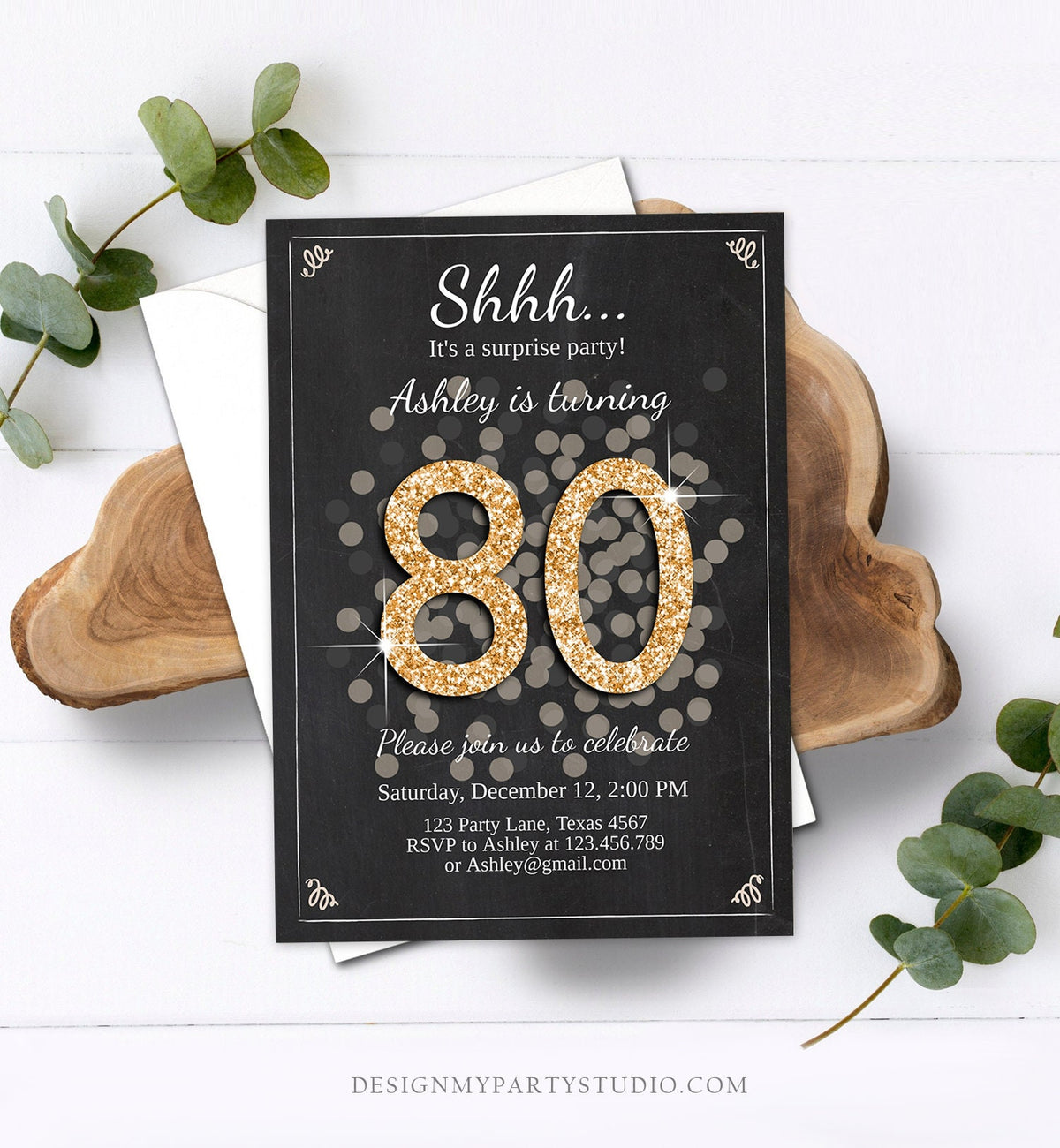 Editable ANY AGE Surprise Birthday Invitation Adult 80th Party Rustic Chalk Black Gold Glitter Digital Download Template Printable 0103