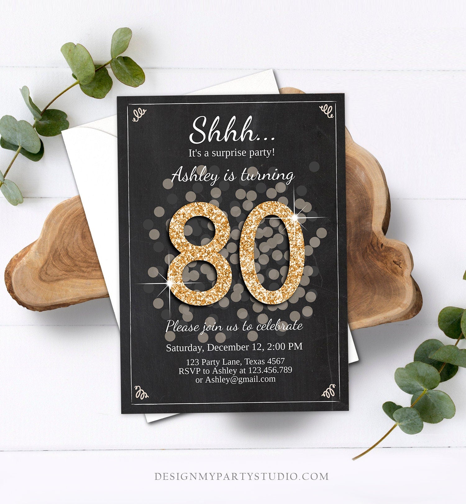 Editable ANY AGE Surprise Birthday Invitation Adult 80th Party Rustic Chalk Black Gold Glitter Digital Download Template Printable 0103