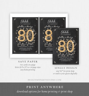 Editable ANY AGE Surprise Birthday Invitation Adult 80th Party Rustic Chalk Black Gold Glitter Photo Download Printable Corjl Template 0103