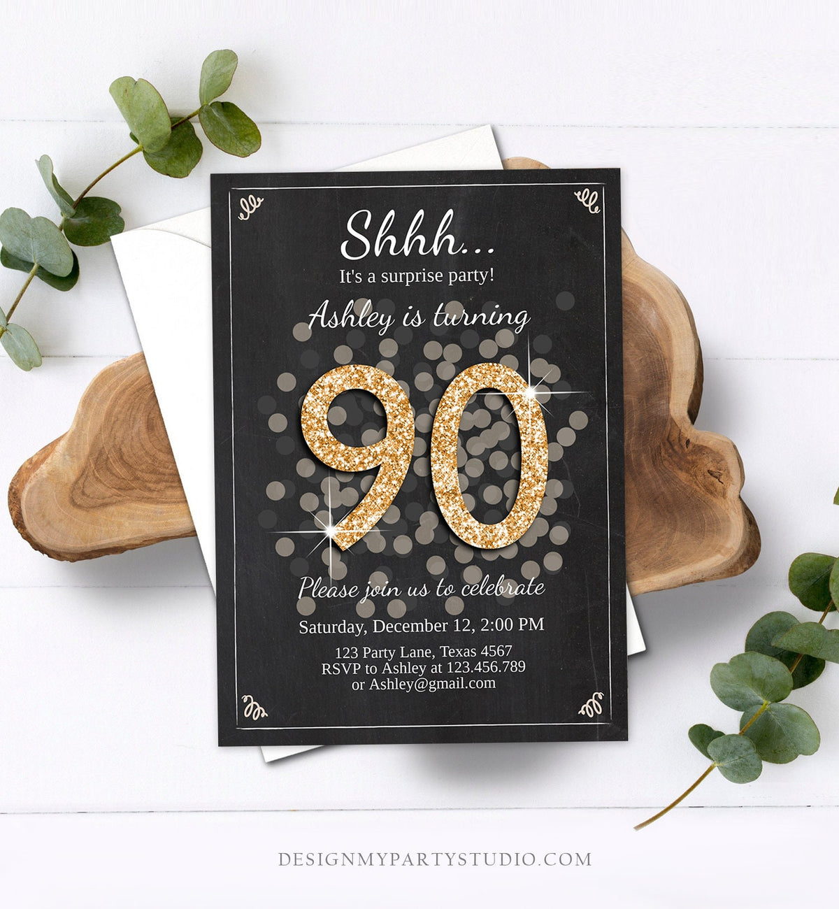 Editable ANY AGE Surprise Birthday Invitation Adult 90th Party Rustic Chalk Black Gold Glitter Photo Download Printable Corjl Template 0103