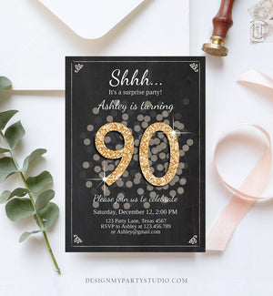 Editable ANY AGE Surprise Birthday Invitation Adult 90th Party Rustic Chalk Black Gold Glitter Photo Download Printable Corjl Template 0103