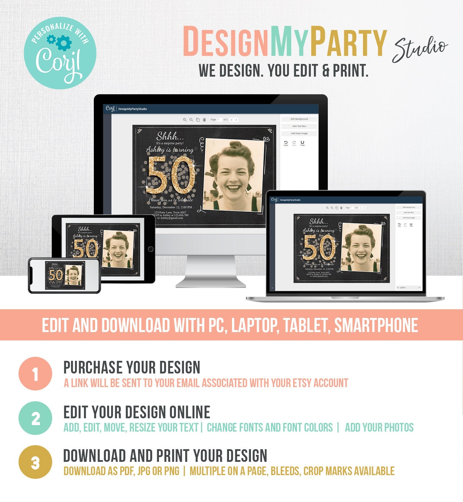 Editable ANY AGE Surprise Birthday Invitation Adult 50th Party Rustic Chalk Black Gold Glitter Photo Download Printable Corjl Template 0103