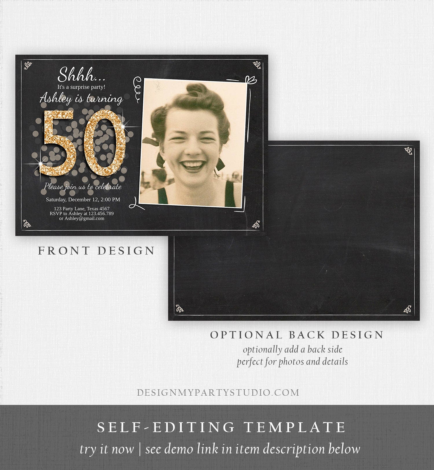 Editable ANY AGE Surprise Birthday Invitation Adult 50th Party Rustic Chalk Black Gold Glitter Photo Download Printable Corjl Template 0103