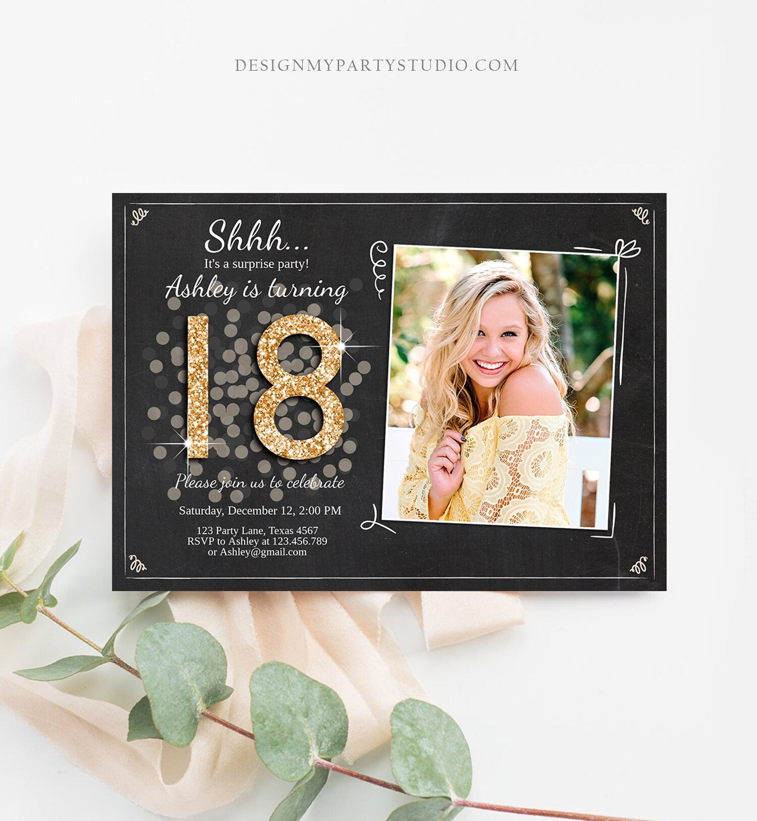 Editable ANY AGE Surprise Birthday Invitation Adult 18th Party Rustic Chalk Black Gold Glitter Photo Download Printable Corjl Template 0103