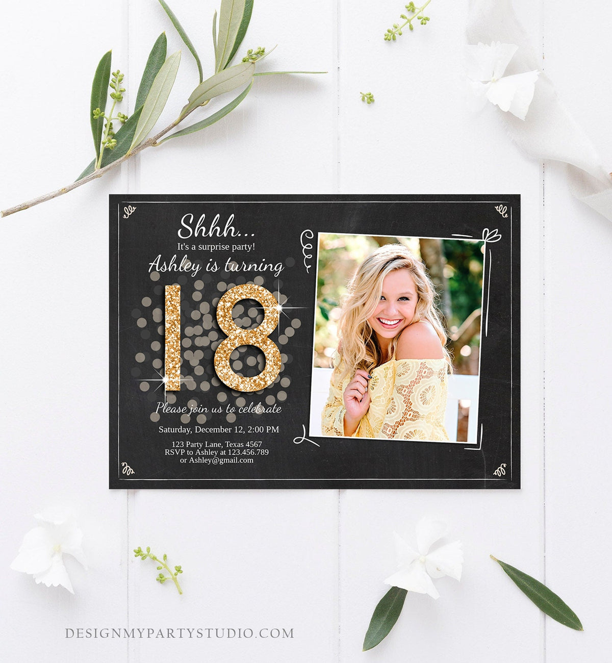 Editable ANY AGE Surprise Birthday Invitation Adult 18th Party Rustic Chalk Black Gold Glitter Photo Download Printable Corjl Template 0103