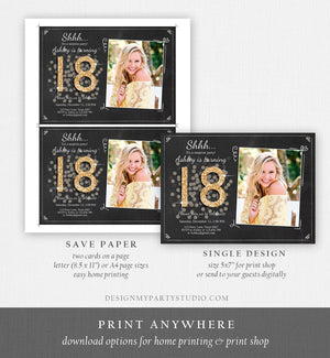 Editable ANY AGE Surprise Birthday Invitation Adult 18th Party Rustic Chalk Black Gold Glitter Photo Download Printable Corjl Template 0103
