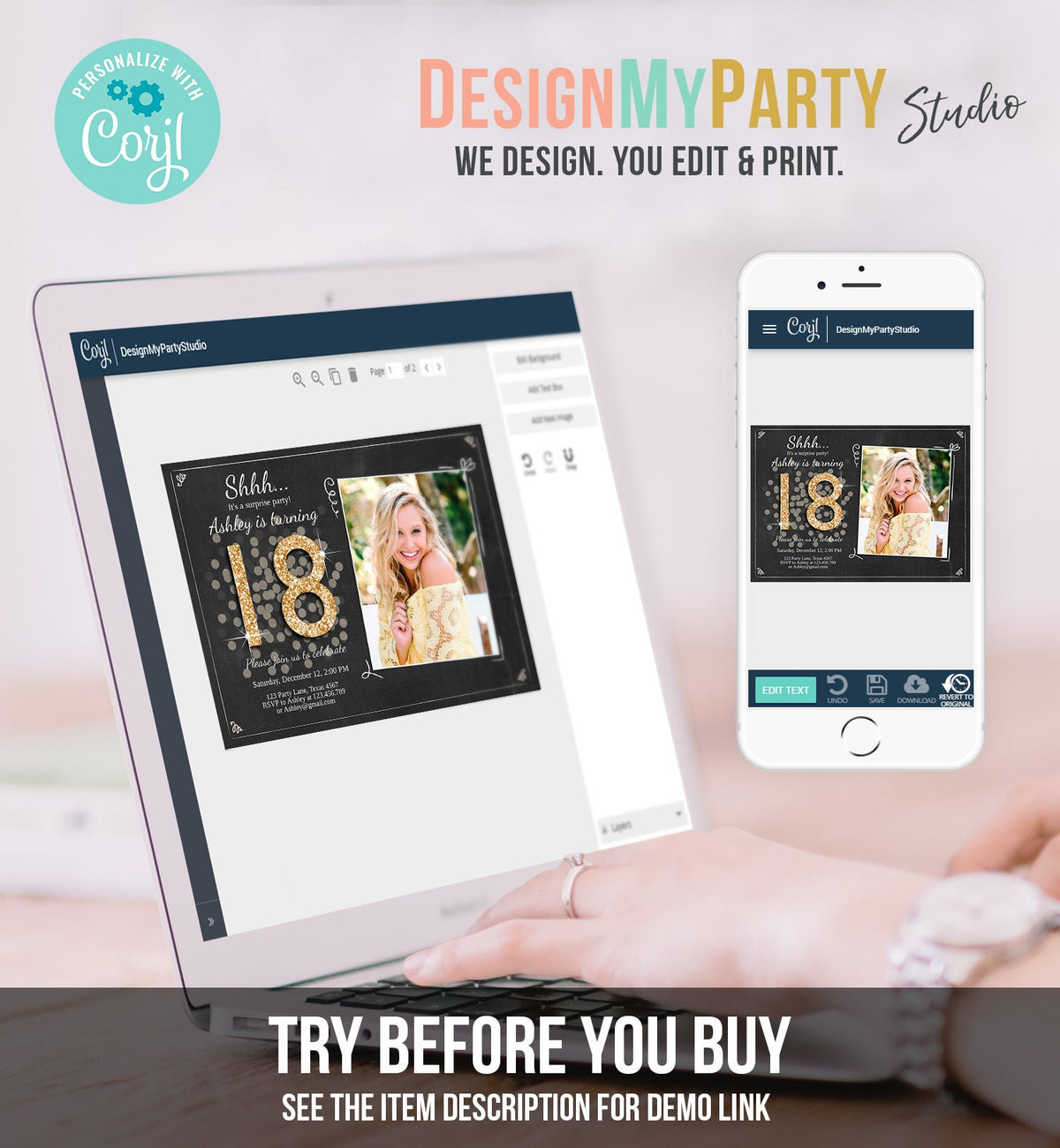 Editable ANY AGE Surprise Birthday Invitation Adult 18th Party Rustic Chalk Black Gold Glitter Photo Download Printable Corjl Template 0103