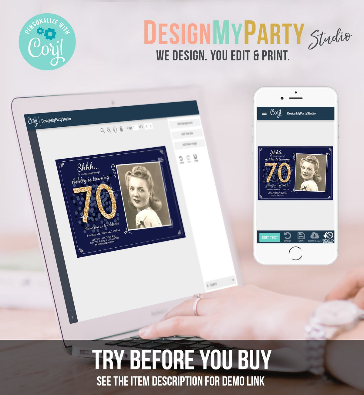 Editable ANY AGE Surprise Birthday Invitation Adult 70th Party Rustic Navy Blue Gold Glitter Photo Download Printable Corjl Template 0103