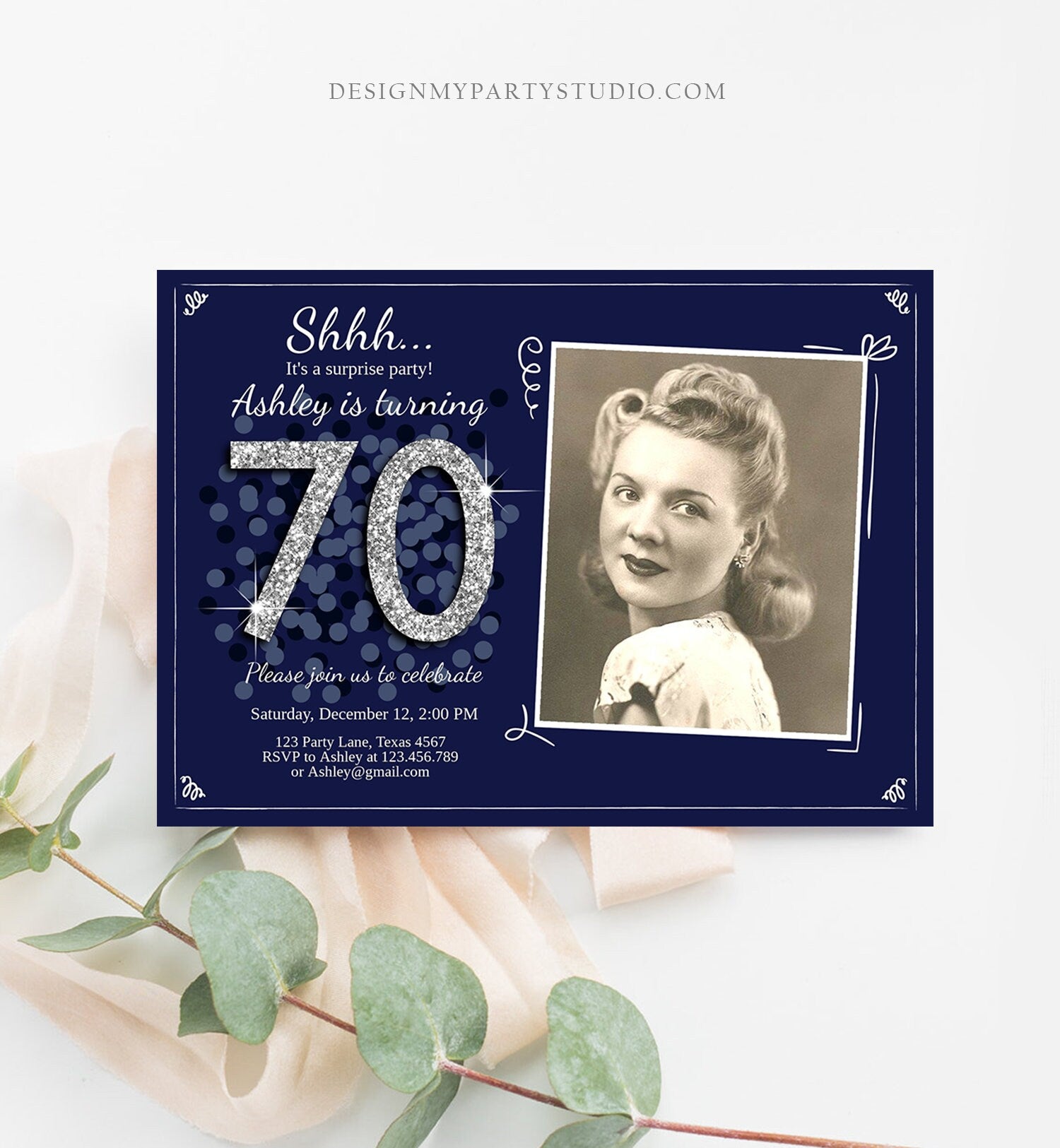 Editable ANY AGE Surprise Birthday Invitation Adult 70th Party Rustic Navy Blue Silver Glitter Photo Download Printable Corjl Template 0103