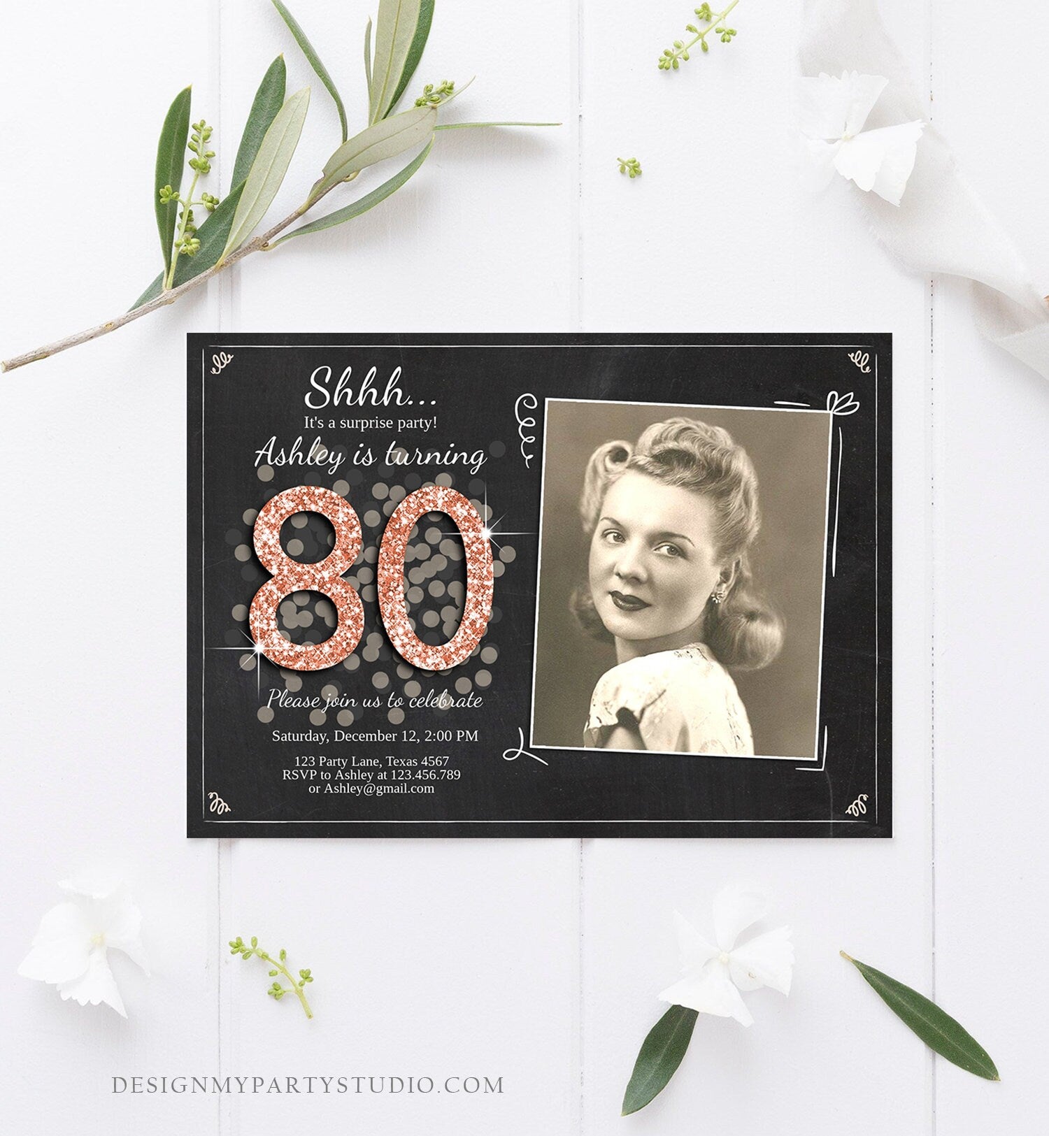 Editable ANY AGE Surprise Birthday Invitation Adult 80th Party Rustic Chalk Rose Gold Glitter Photo Download Printable Corjl Template 0103