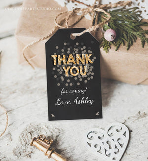 Editable Thank You Favor Tags Adult Birthday Tags Black and Gold Glitter Surprise Birthday Rustic Elegant Printable Corjl Template 0103