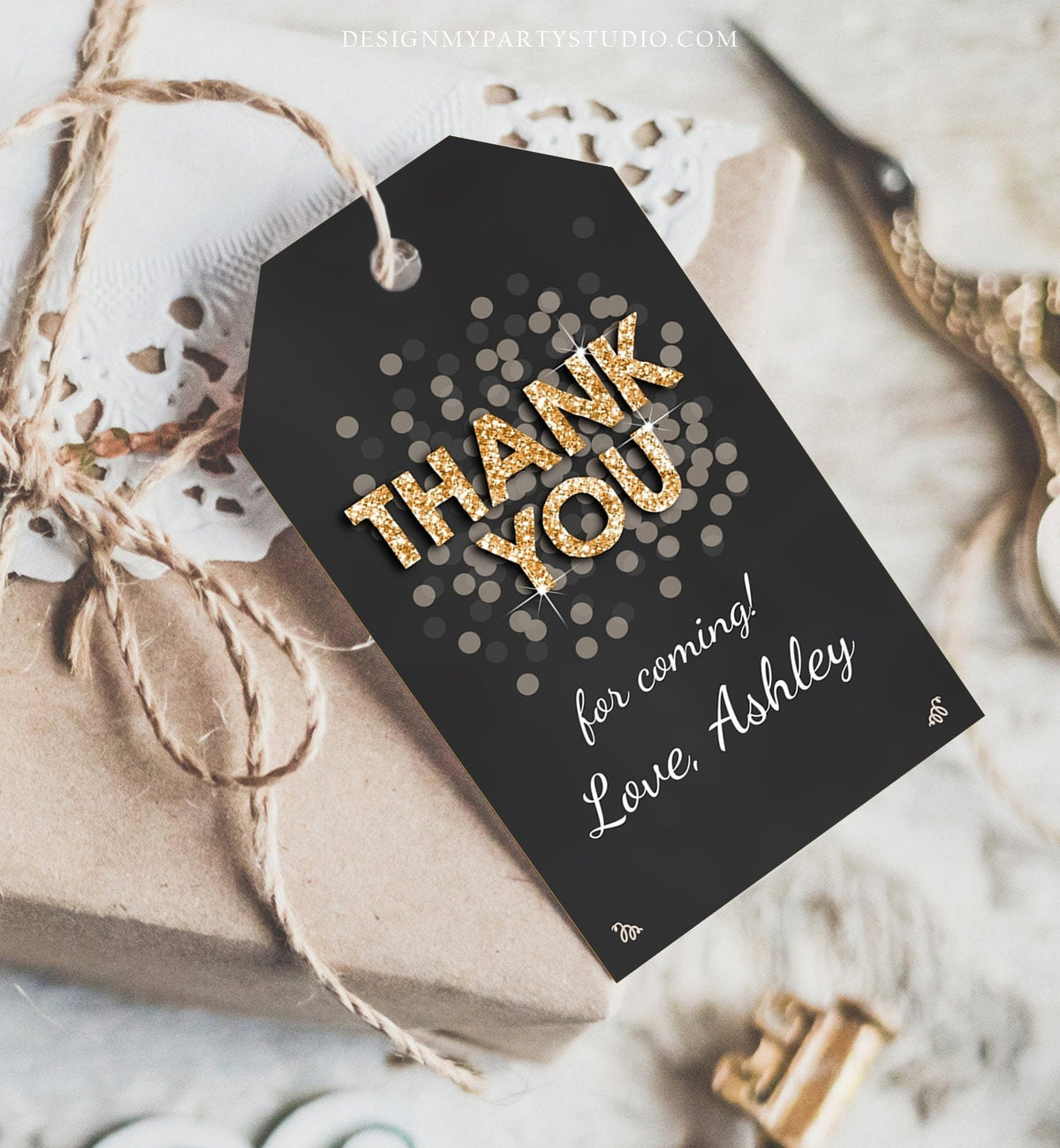 Editable Thank You Favor Tags Adult Birthday Tags Black and Gold Glitter Surprise Birthday Rustic Elegant Printable Corjl Template 0103