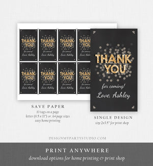 Editable Thank You Favor Tags Adult Birthday Tags Black and Gold Glitter Surprise Birthday Rustic Elegant Printable Corjl Template 0103