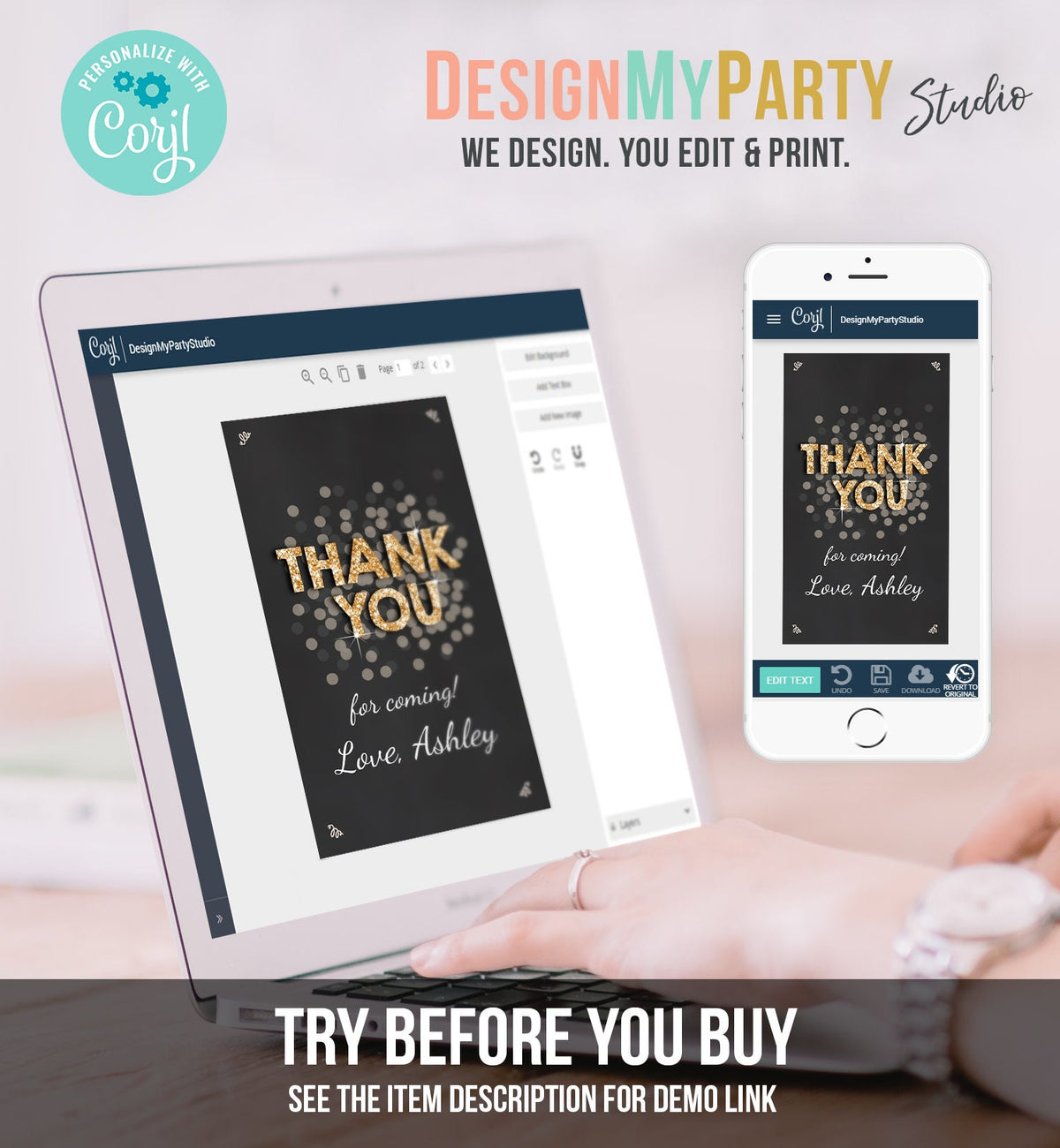 Editable Thank You Favor Tags Adult Birthday Tags Black and Gold Glitter Surprise Birthday Rustic Elegant Printable Corjl Template 0103