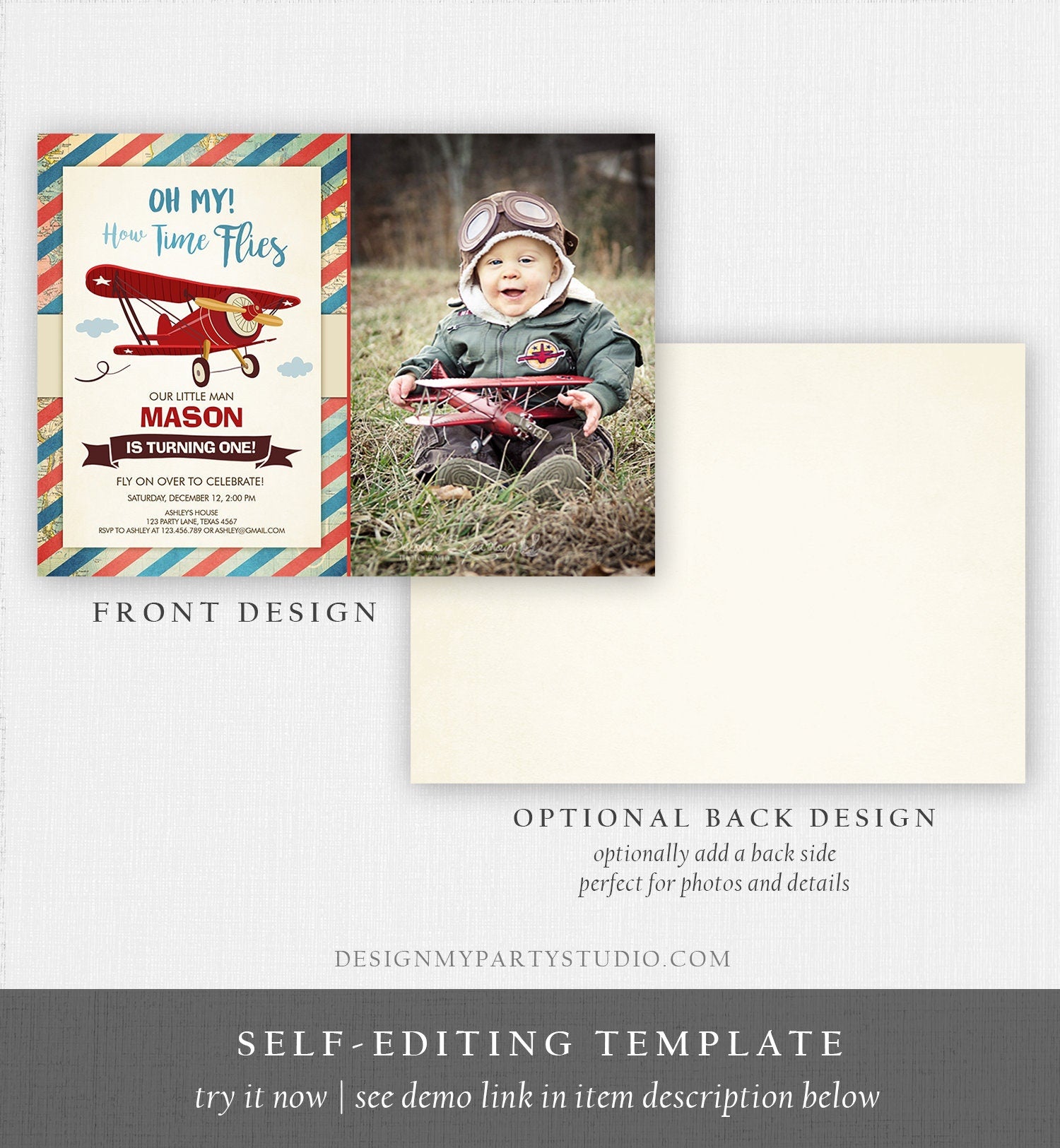Editable Airplane Birthday Invitation Oh My Time Flies Red Airplane First 1st Plane Vintage Digital Download Evite Template Printable 0011